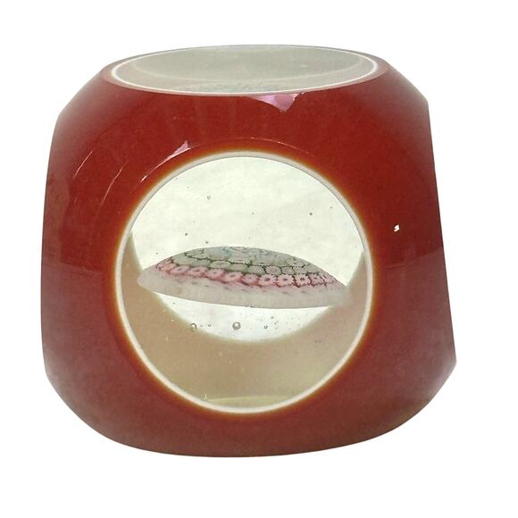 Vintage Murano (?) Millefiori Facet Overlay Cased Glass Window Red Paperweight - Picture 3 of 7
